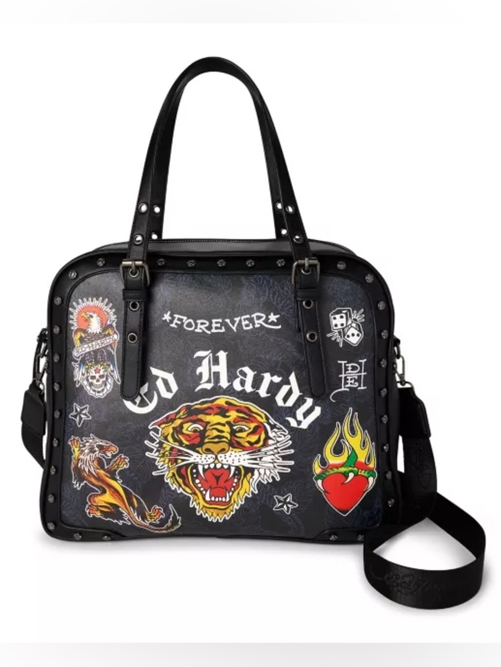 Ed Hardy Satchel Crossbody Tiger Heart Dragon Tattoo Print Black NWOT Limited